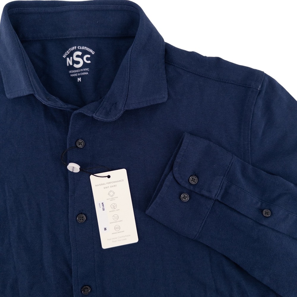 Nice Stuff Men's M Hybrid Life Knit‎ Button Down Long Sleeve Shirt Navy Blue
